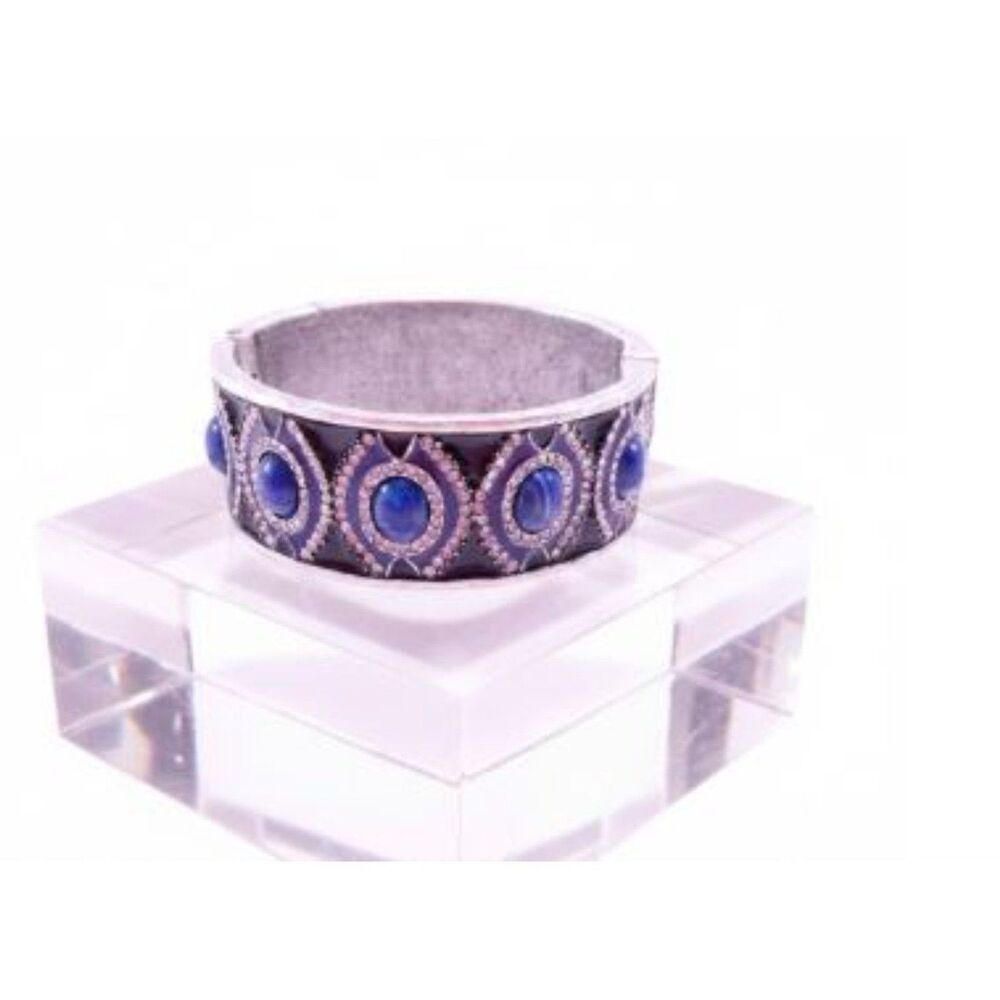 Designer Silver Onyx Enamel Lapis Blue Stone Crystal Cuff Bracelet NWOT 398